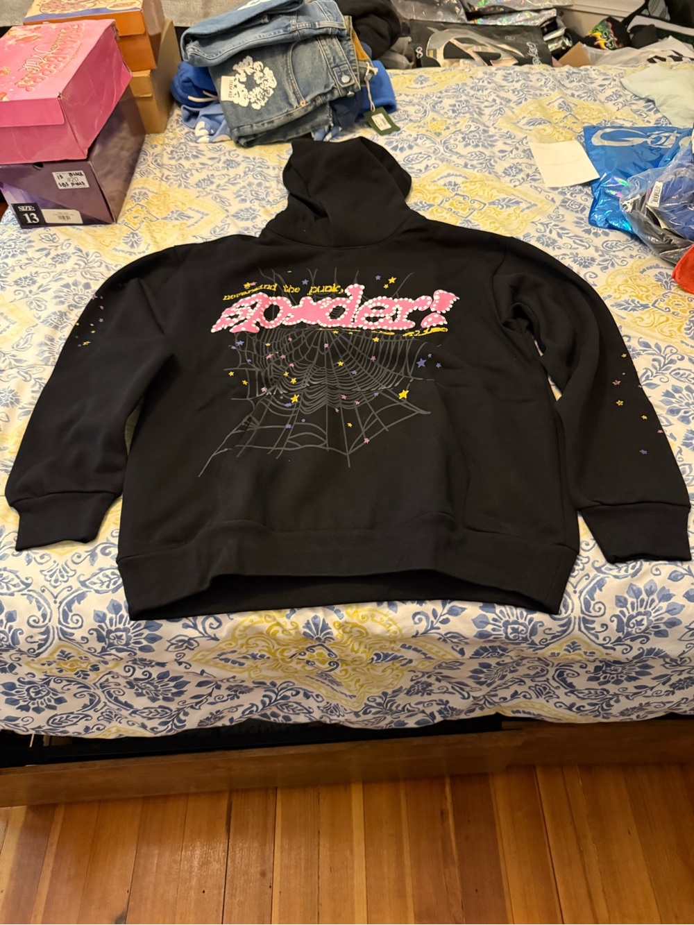 Sp5der Black Men’s Fleece Hoodie with Pink 'Powder!' Graphic
